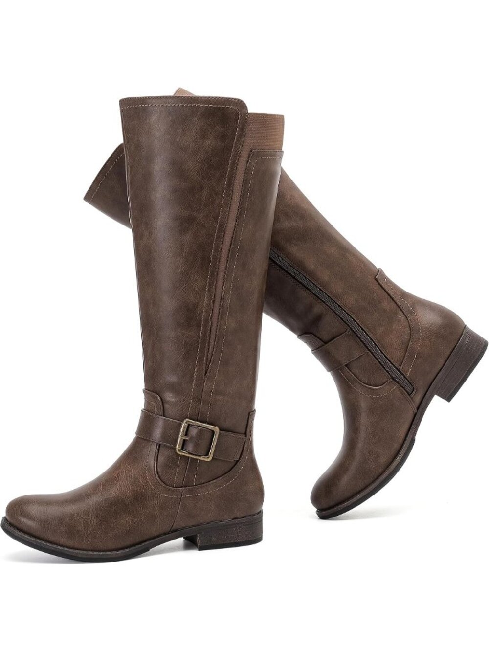 Women's Dark Brown Pu Knee High Boots Casual Fashion Boots Side Zipper Round Toe